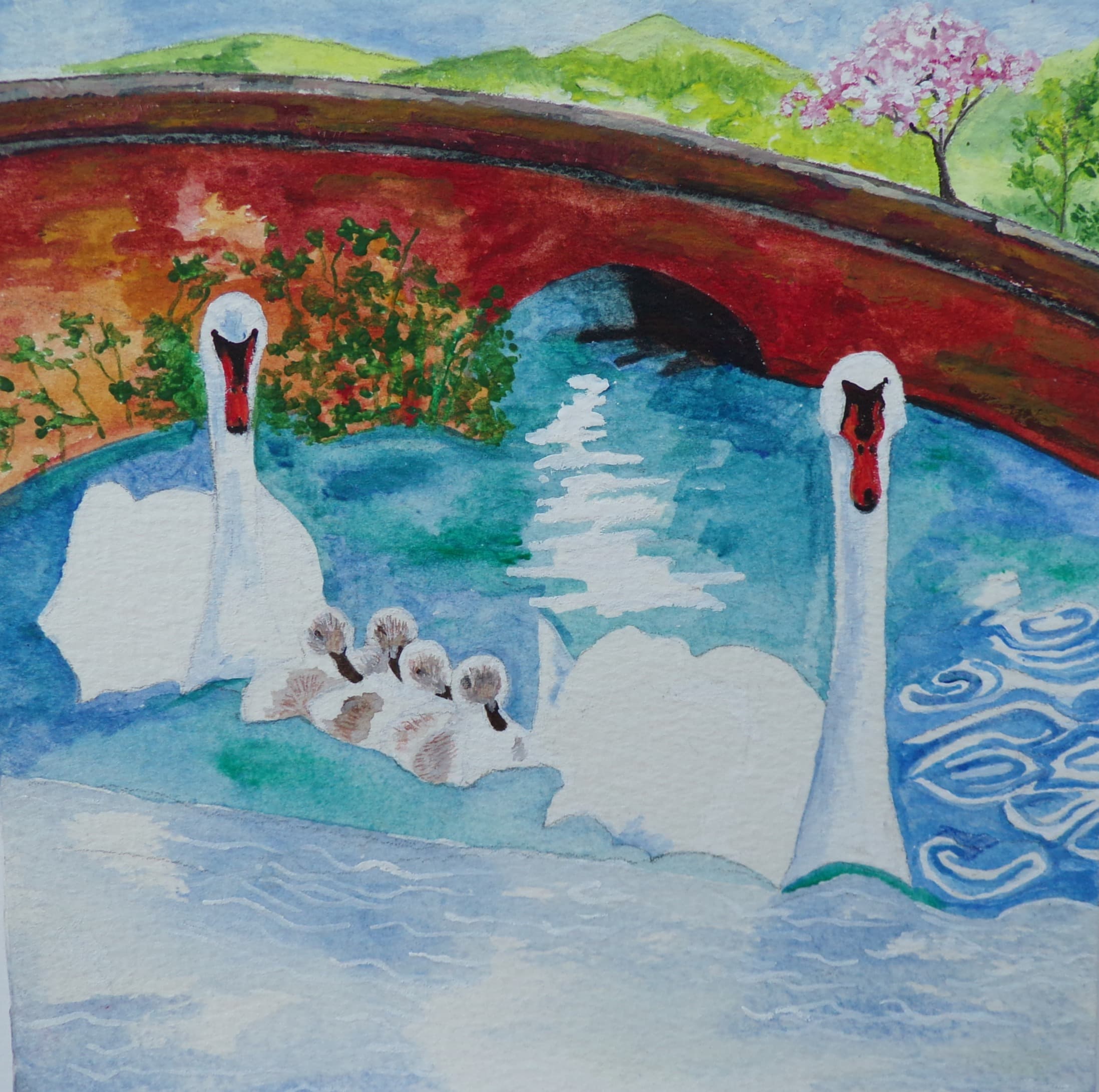 Swans 1, gouache, 6 × 6 in