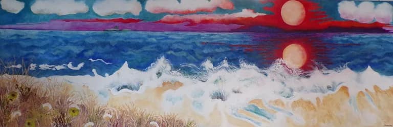 Twin Orbs — panoramic seascape with twin suns reflected in the waves, L. Thompson